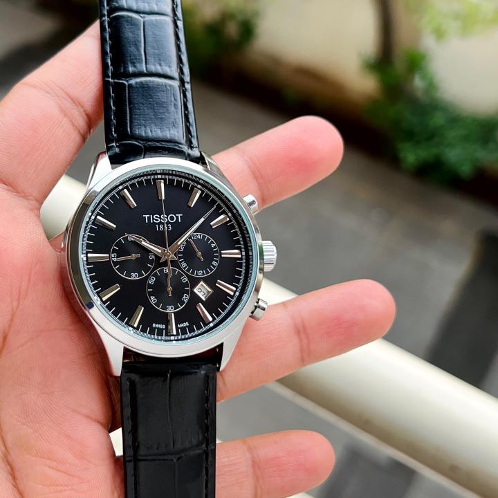 1853 Black Dial Chronograph Watch for Men with Black Leather Strap 42mm Stainless Steel Case