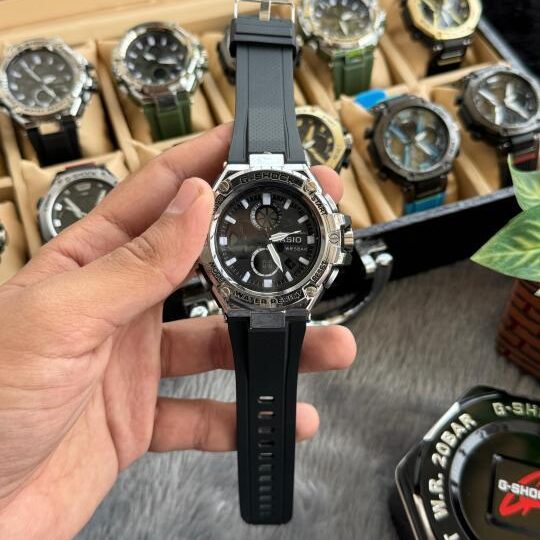 G-Sh0ck Steel Analog-Digital Watch|Silver Bezel Black Strap