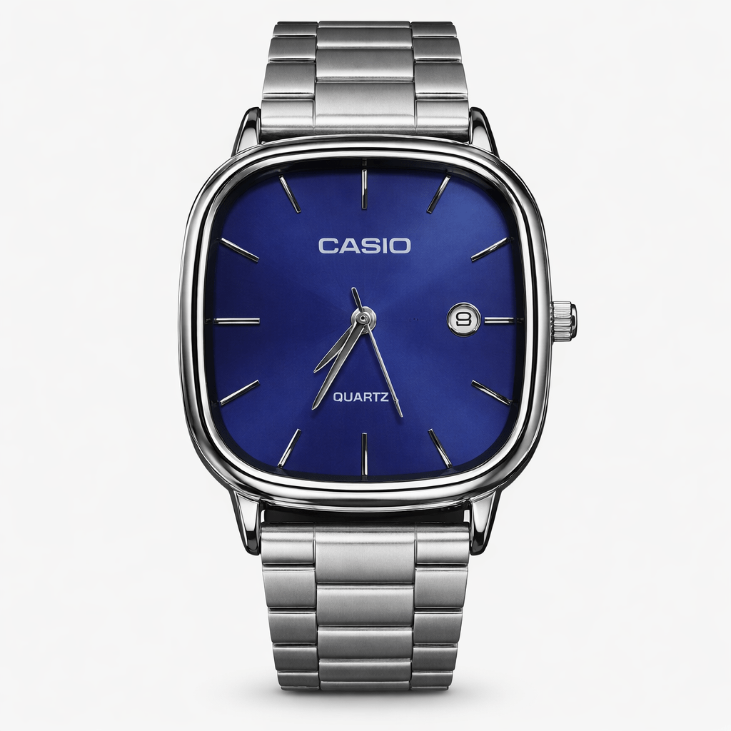 Casio square navy blue dial quartz watch with gold-tone hands and polished silver stainless steel bracelet