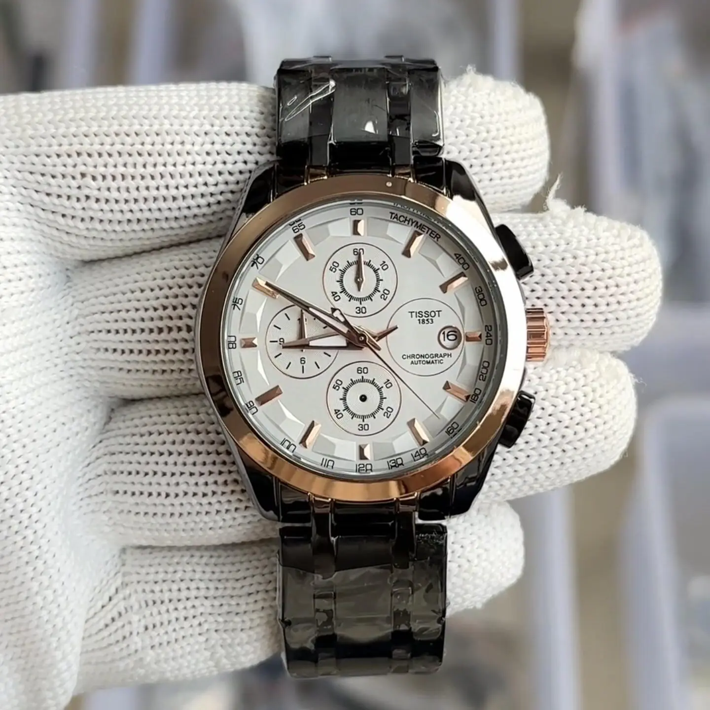 T1ssot 1853 Chronograph Automatic Watch | White Dial, Rose Gold Bezel & Black Steel Bracelet