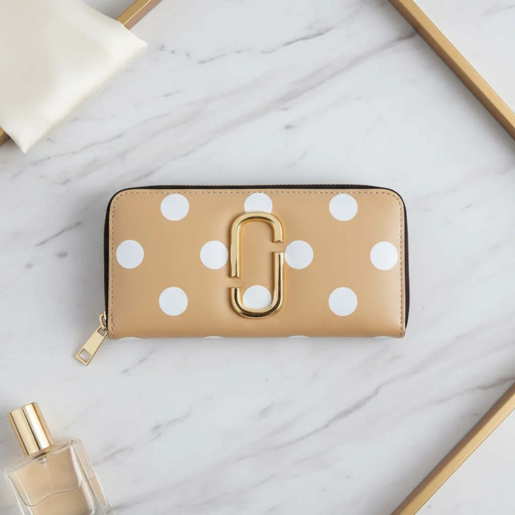 MJ Snapshot style continental zip-around wallet in beige polka dot with gold double-J hardware on marble surface