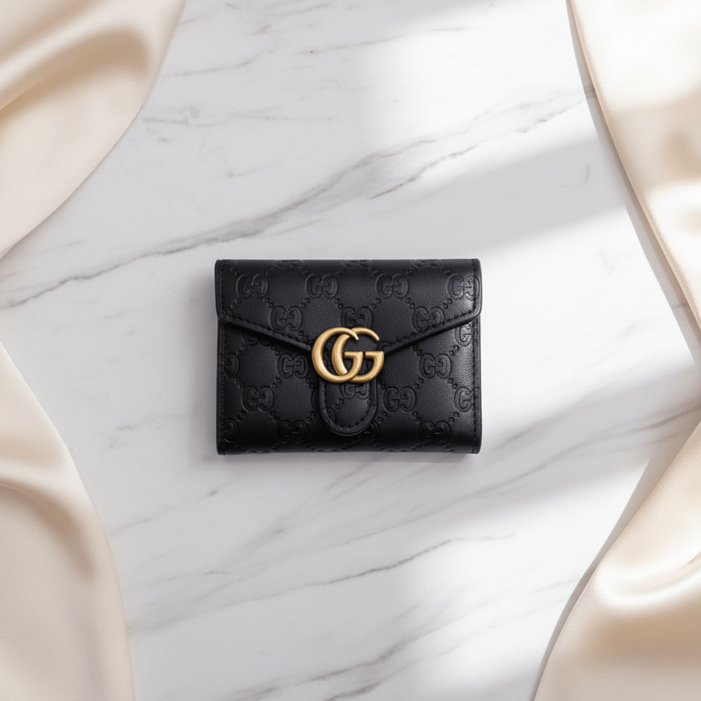 Gucci GG Marmont small wallet black GG embossed leather antique gold Double G clasp flat lay marble