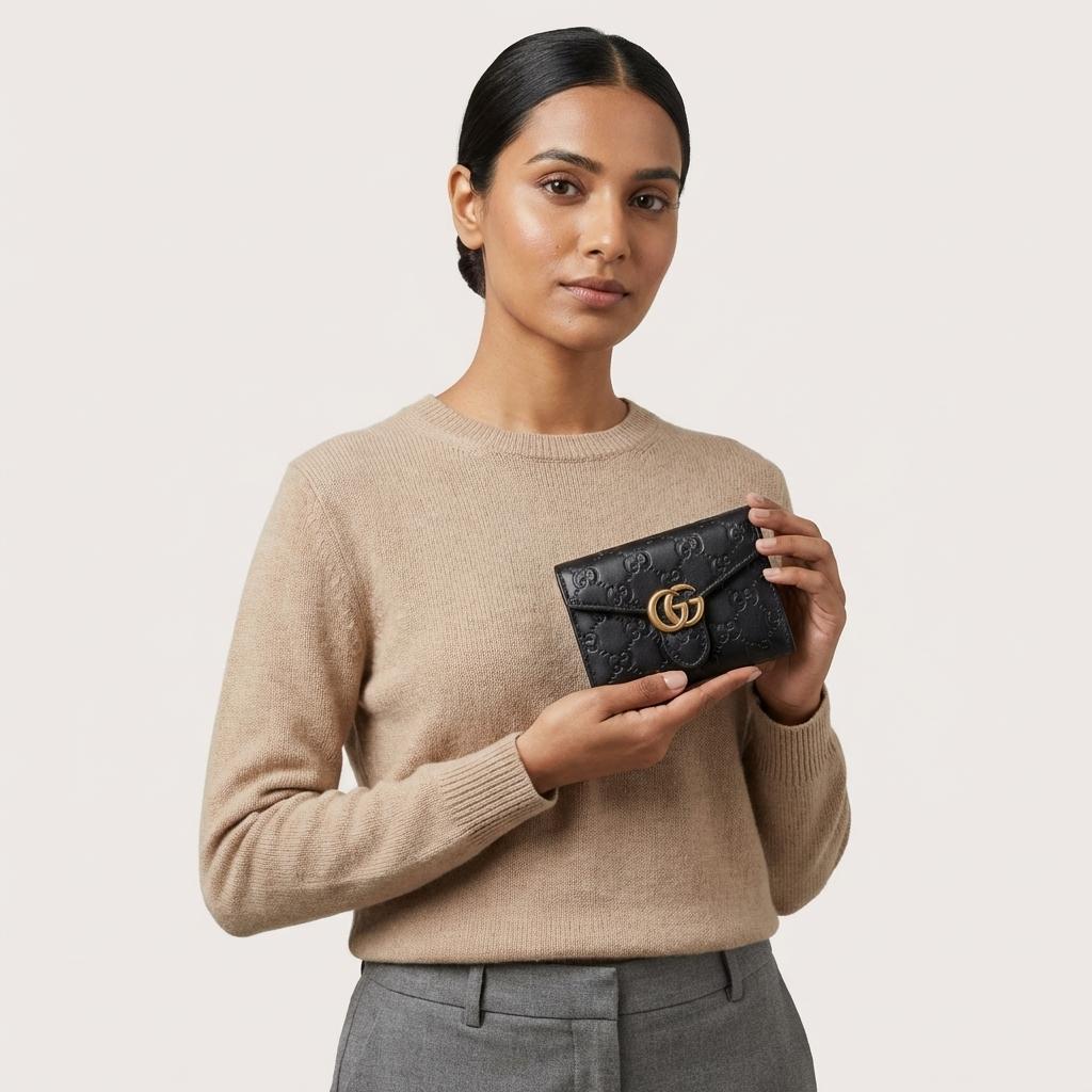 Gucci GG Marmont small wallet black GG embossed leather antique gold Double G clasp flat lay marble