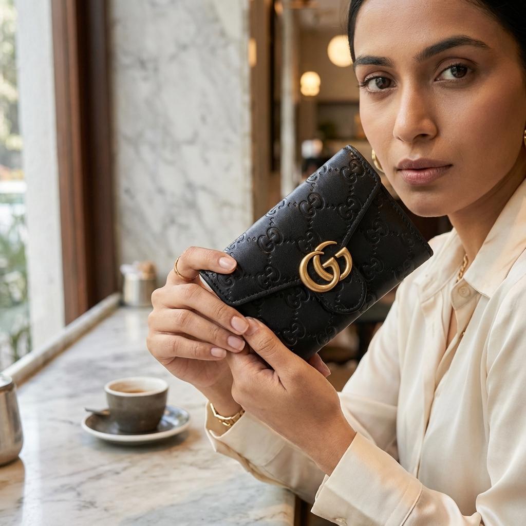 Gucci GG Marmont small wallet black GG embossed leather antique gold Double G clasp flat lay marble