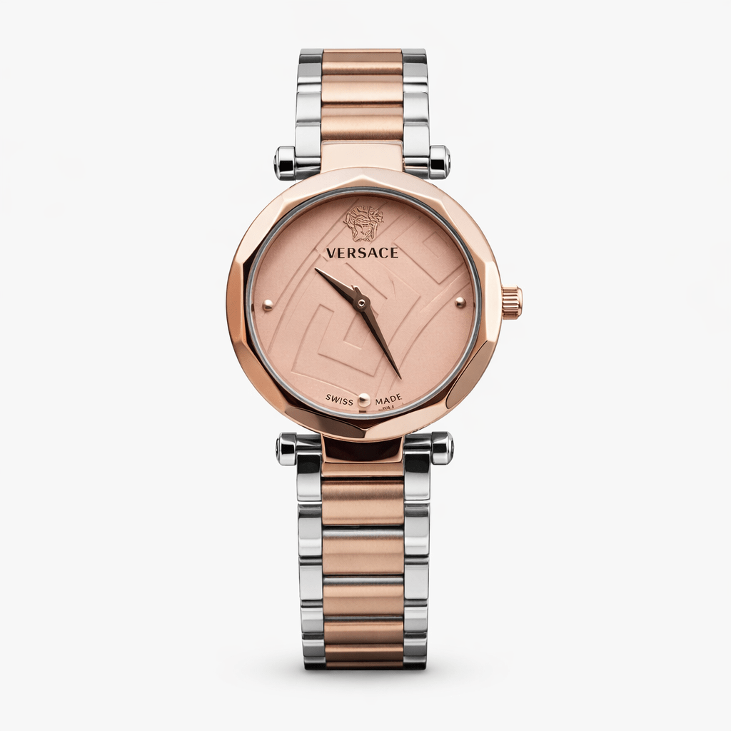 Versace Greca Goddess Swiss Made watch with rose gold octagonal bezel, Greca pattern dial, Medusa logo and two-tone silver rose gold steel