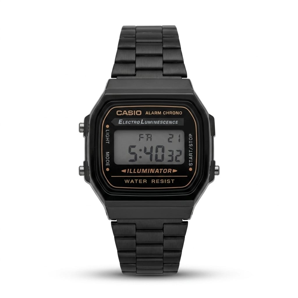 Casio A168 vintage digital watch with all-black IP stainless steel case and bracelet, rose gold accent border, large LCD display showing Alarm Chrono, Electro Luminescence and Illuminator on white background